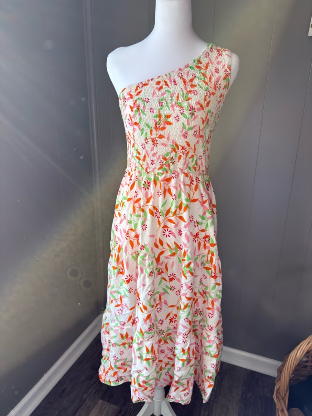 Smocked One-Shoulder Floral Midi Dress - Pink